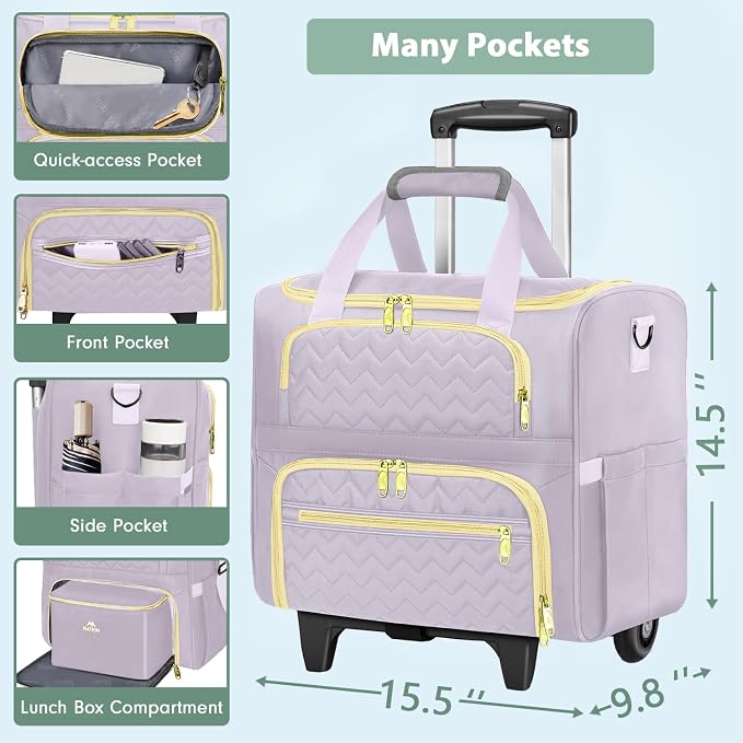 MATEIN Rolling Briefcase for Women, 15.6 Inch Rolling Work Bag with Wheels | Detachable Cart, with Insulated Lunch Box, Computer Bag, Rolling Briefcase for Nurse Work Business Office