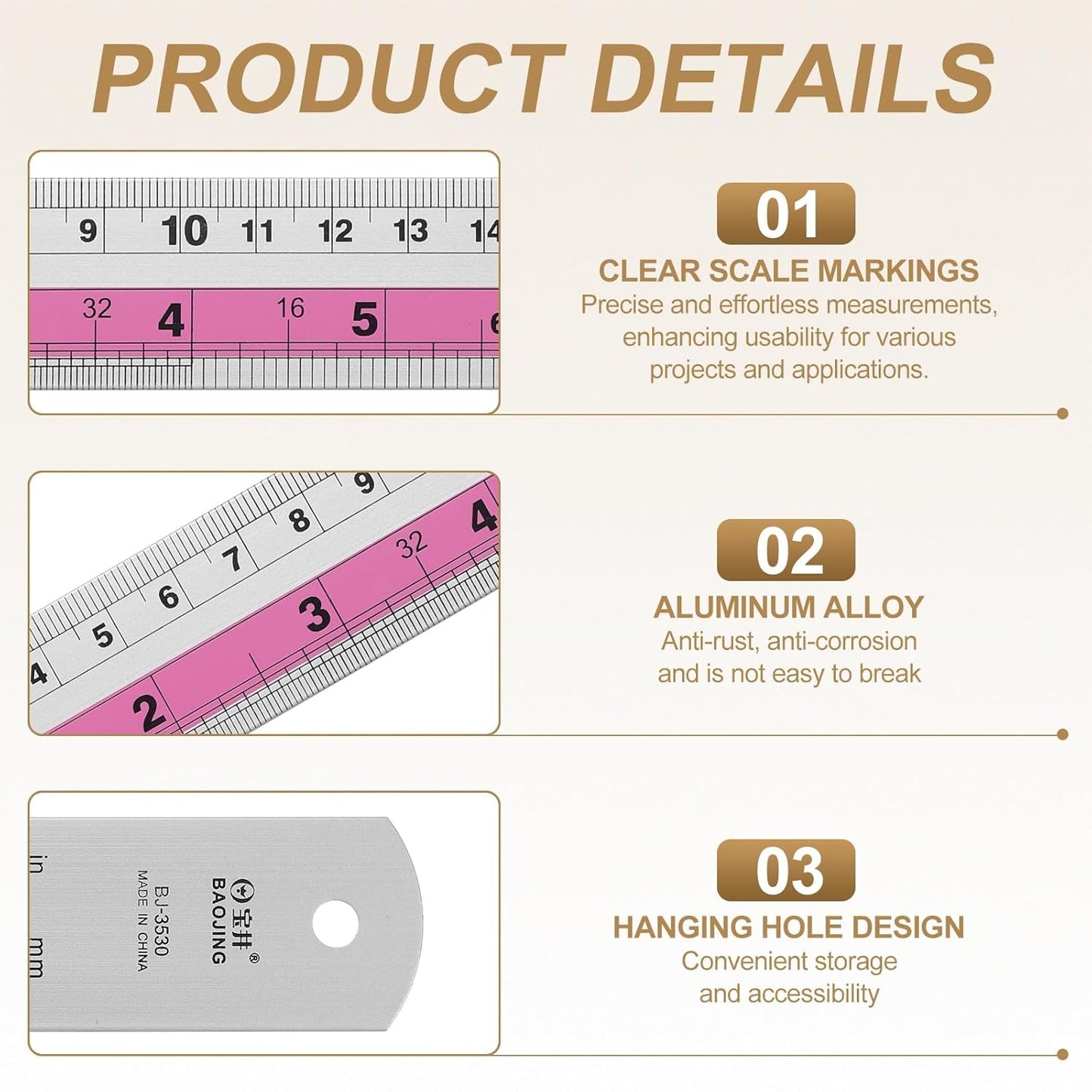 HARFINGTON 2pcs Metal Straight Ruler 20cm Metric SAE Aluminum Alloy Measuring Rulers Scale Tools with Hole for Measure Study Reading Classroom Office, Pink