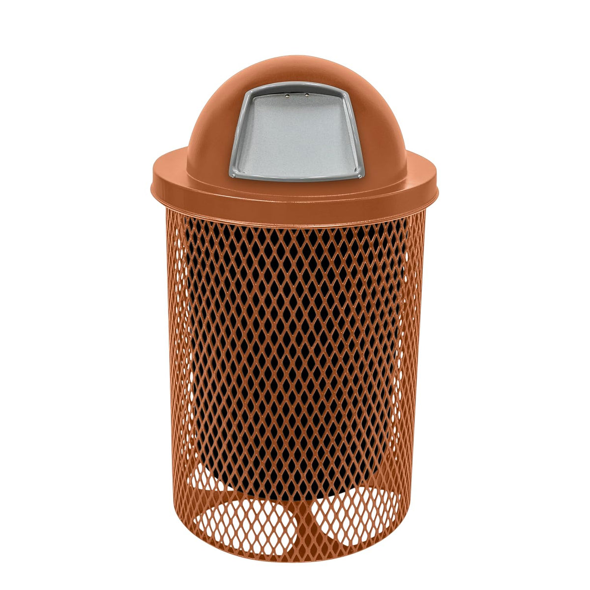 32-Gallon Heavy-Duty Expanded Metal Round Trash Receptacle, Commercial Outdoor Waste Bin with Liner & Black Dome Lid – Made in America (Textured Copper)