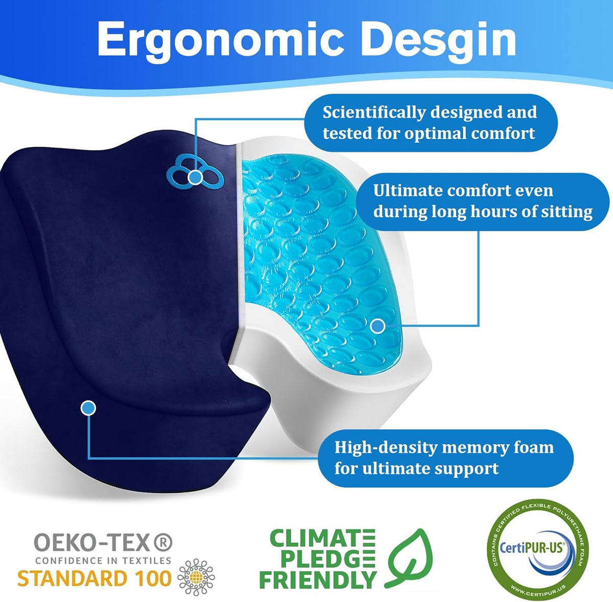 Seat Cushion, Gel Chair Cushions, Office Chair Cushions, Anti-Slip Bottom & Removable Cover Tailbone Pain Relief Cushion, Memory Foam Seat Cushion for Office, Wheelchair, Car (Blue)