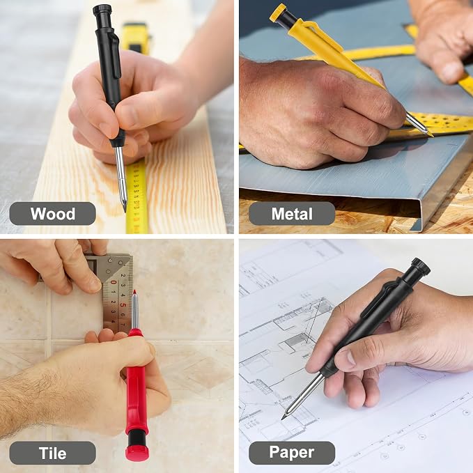 MECHEER 3 Pack Carpenter Pencils Mechanical Pencils with 36 Refills, Construction Pencils with Built-in Sharpener, Long Nib Deep Hole Heavy Duty Woodworking Pencil Marker for Architect (3 Colors)