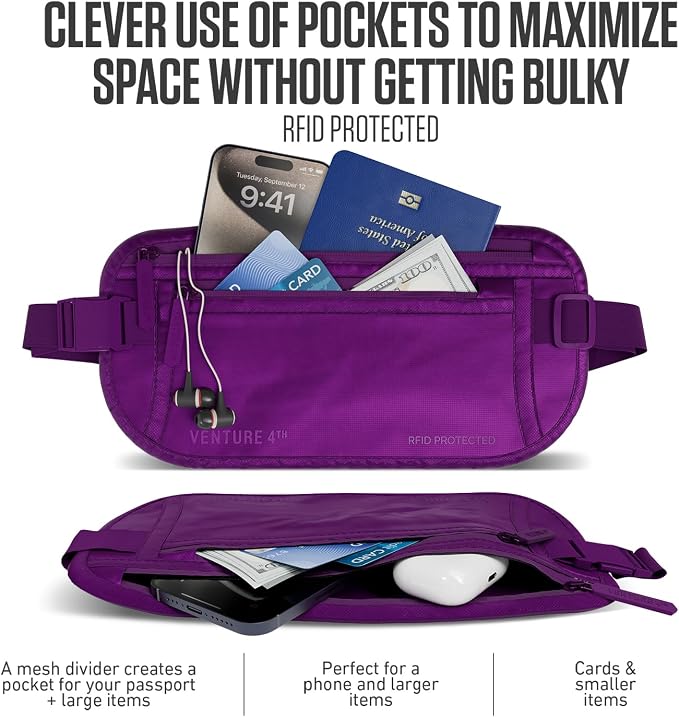 VENTURE 4TH Travel Money Belt, RFID Blocking Passport Holder - Sleek Purple