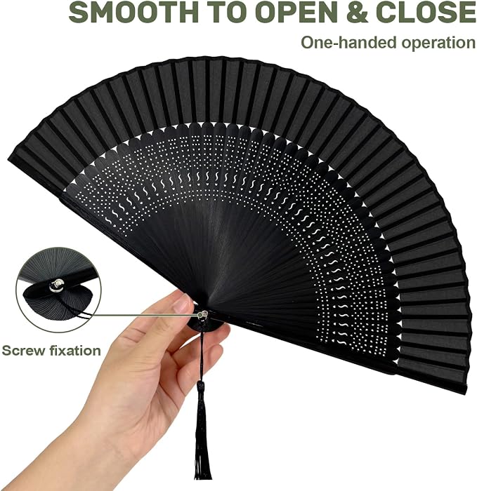 EOSAU Bamboo Hand Fan Foldable 8.3 Inch, Portable Folding Fan with Pouch for Church Wedding Makeup, Small Decorative Cooling Fan for Women (Black/Hollow)