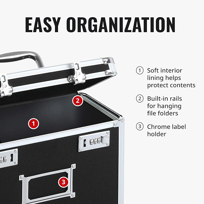 Vaultz File Organizer Storage Box, Letter Size, 14 x 7 x 12.19 In, Black | Locking storage tote with dual combination locks, keeps office documents secure and organized for filing needs
