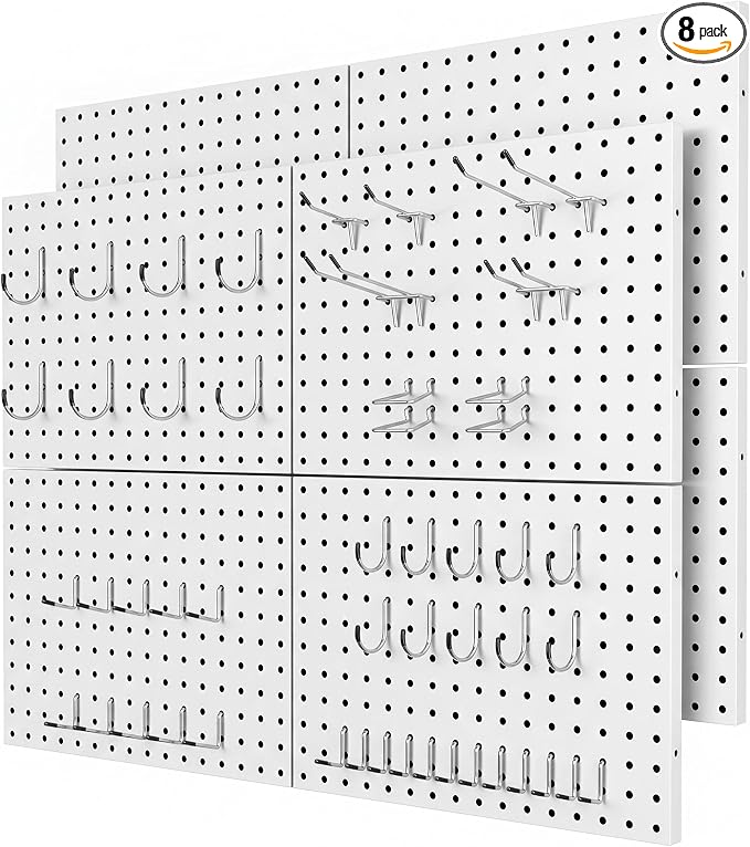 8 Pack Metal Peg Board Panels with 50 Hooks, White | Heavy Duty Wall Mount Storage System for Garage Tools, Workbench, Office & Home Organization