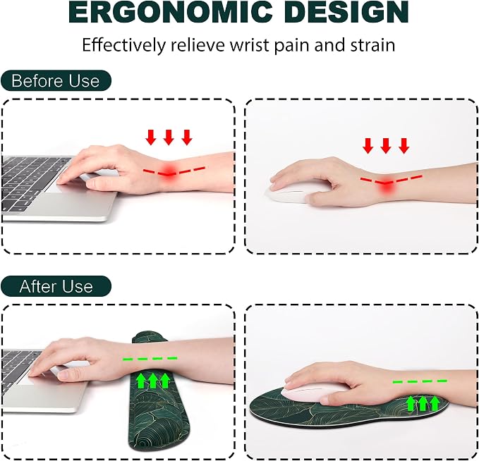 Ergonomic Mouse Pad with Wrist Rest and Keyboard Wrist Rest, Mousepad | Memory Foam Wrist Rest for Computer Keyboard, Pain Relief, Non-Slip Base, Mouse Pad Wrist Support for Gaming, Green Palm Leaf