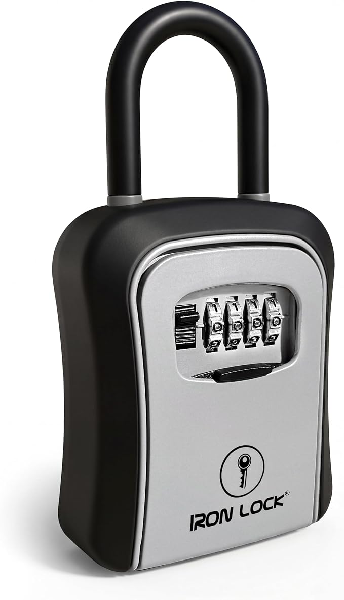 Iron Lock® Medium Key Lock Box with Code, U-Shackle Opens Fully Out (Grey) | Built-in key hooks + catch tray; hangs on handles, gates, fences or a hasp; wall-mountable; dial cover; no batteries