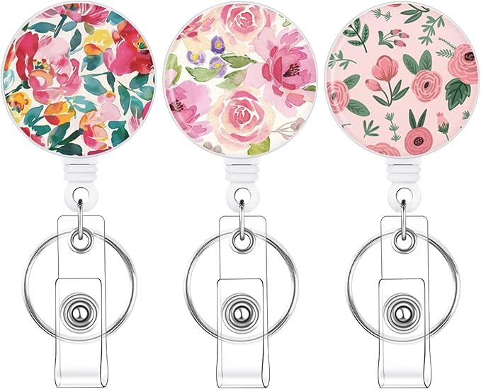 BESARME 3 Pack Badge Reels Retractable Badge Clip with Key Ring Retractable Badge Holders for Office Worker Teacher Nurse Student（Flower03）