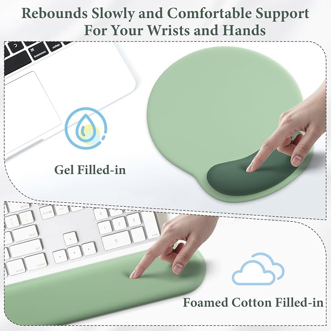3 in 1 Ergonomic Mouse Pad and Keyboard Wrist Rest with Coaster Set-Green | Cute Large Mousepad with Gel Wrist Support for Gaming Computer Laptop Women Office Home Desk Decor