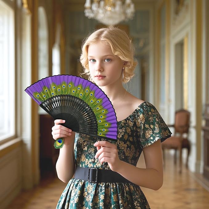 EOSAU Hand Fans for Women Foldable - Bamboo Silk Folding Fan Handheld, Fans for Line Dancing Wedding, Portable Bridal Party Favor, Elegant Church Performance Gift (Peacock Purple)