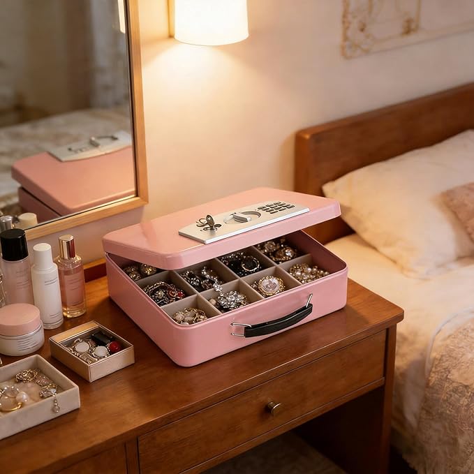 KYODOLED Pink Safe Box with Digital Keypad Lock, Lock Box with Code for Personal Items, Metal Security Box for Cash, Passport, Jewelry, Ideal for Home, Office, Garage Sale, 11.8'' x 9.4'' x 3.5''