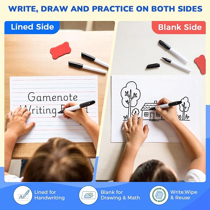 GAMENOTE 24 Pack Magnetic Dry Erase Lap Boards, Lined and Blank, 9 x 12 in | 24 pack double sided 9 x 12 boards pair a lined side with a blank side for reusable writing practice