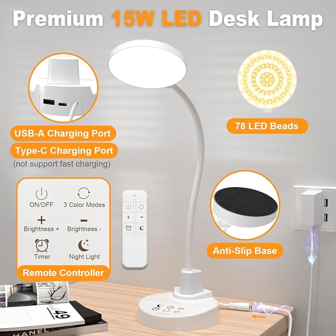 15W LED Desk Lamp with USB Charging Ports, [Button & Remote Control] Dimmable Table Lamp with 3 Color Modes, 5 Brightness Levels, 4 Timers, Flexible Reading Light for Home Office, Bedroom, Kids Study