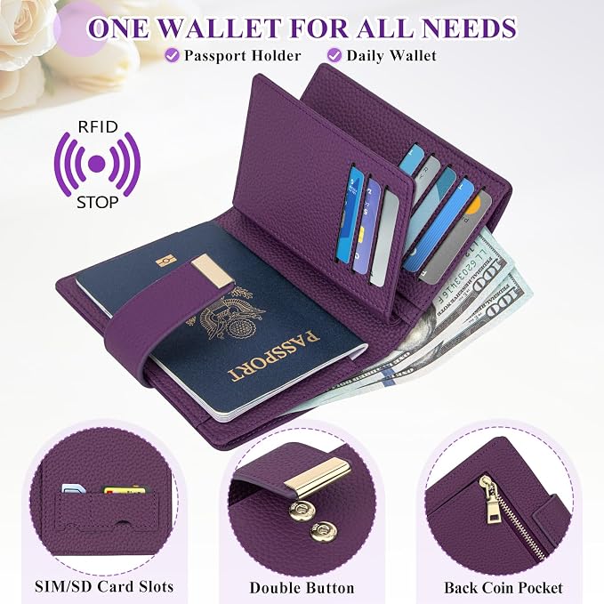 BKNOOU Passport Holder with Airtag Slot Travel Wallet Compact for Women Men, Leather Passport Wallet RFID Blocking Passport Holder for Travel with Zipper Coin Pocket, Holder Cash, Card (Purple)