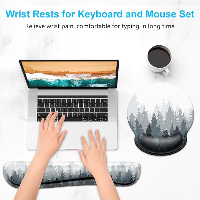 Dapesuom Keyboard Wrist Rest and Mouse Pad with Wrist Support, Cute Memory Foam Cushion for Keyboard and Mouse Set, Ergonomic Desktop Pad Rests with Non Slip Base for Easy Typing & Pain Relief, Forest