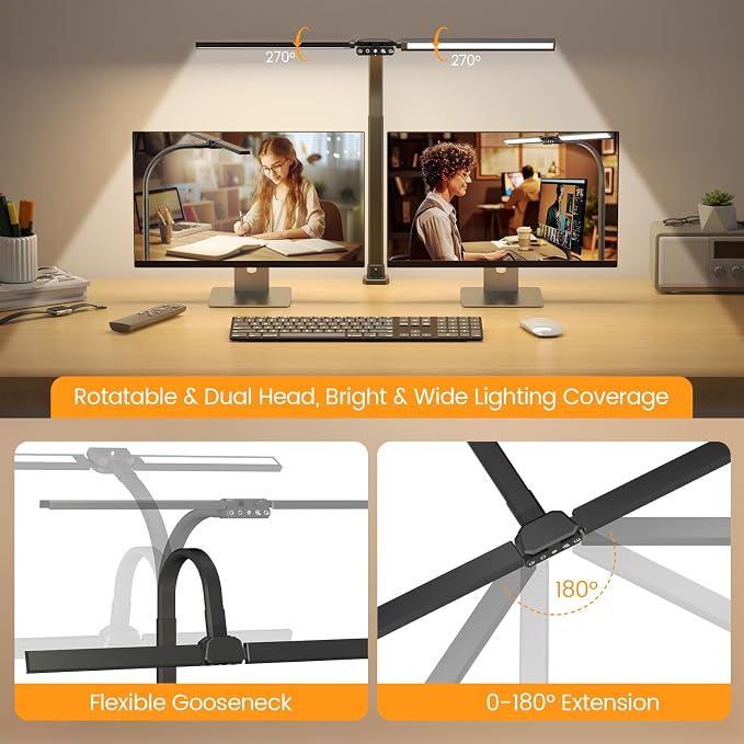 Upgraded LED Desk Lamp for Home Office with RGB, Rotatable Computer Desk Light with Remote, Tall Table Lamp with Clamp for Working, Dimmable Dual Head Task Lighting for Monitor PC, 22W