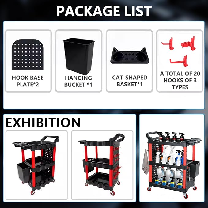 Auto Detailing Cart with Wheels, 3 Tier Rolling Detail Cart | With Long Hanging Plate, Hooks, Hanging Bucket and Cat Ear Basket, for Detailers Garage, Workshop, Repair Shop, Storage Tool