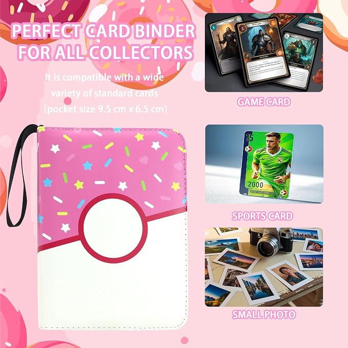9 Pocket Card Binder 900 Card Holder Album, Pink Donut Trading Cards Holder Zipper Binder for Girl Teen Collection (Pink Donut, 900 Pocket)