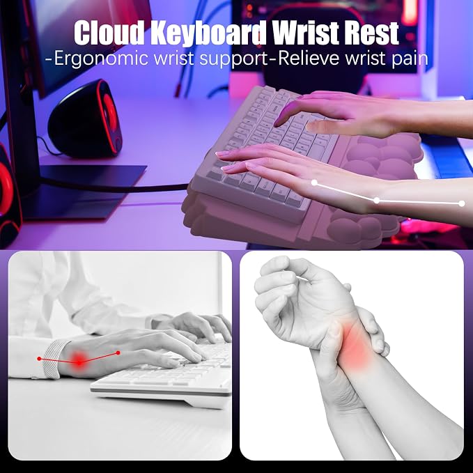 Wrist Rest with Keyboard Stand, Ergonomic Computer Wrist Support Pad | Cloud Keyboard Riser Holder with Wrist Pad, Memory Foam Desk Cushion, Palm Hand Typing for Office Home School-Pink