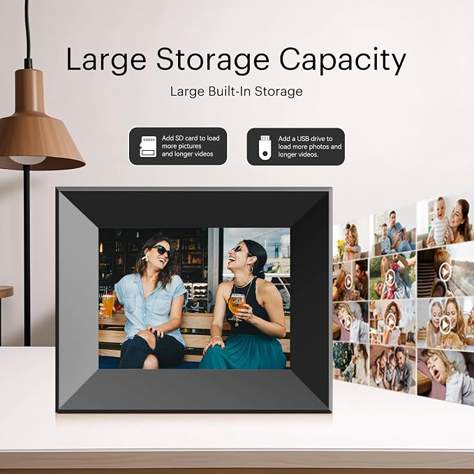 8-Inch Digital Picture Frame with WiFi, Wood Finish Smart Photo Frame HD IPS Touch Screen with 16GB Storage – Easy Photo & Video Sharing from Anywhere – Ideal Gift for Family, Black