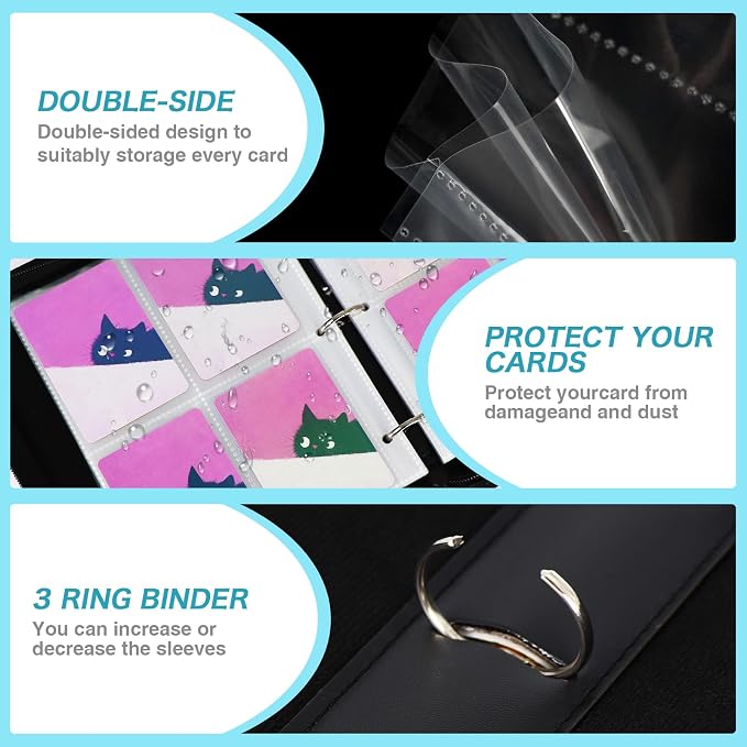 Cute Cat Card Binder, 400 Pocket Card Album for Girls Gifts, Black Cat kitten Trading Game Card Holder Album for Standard Size Cards, Collectible Game Collection Case (Blue)