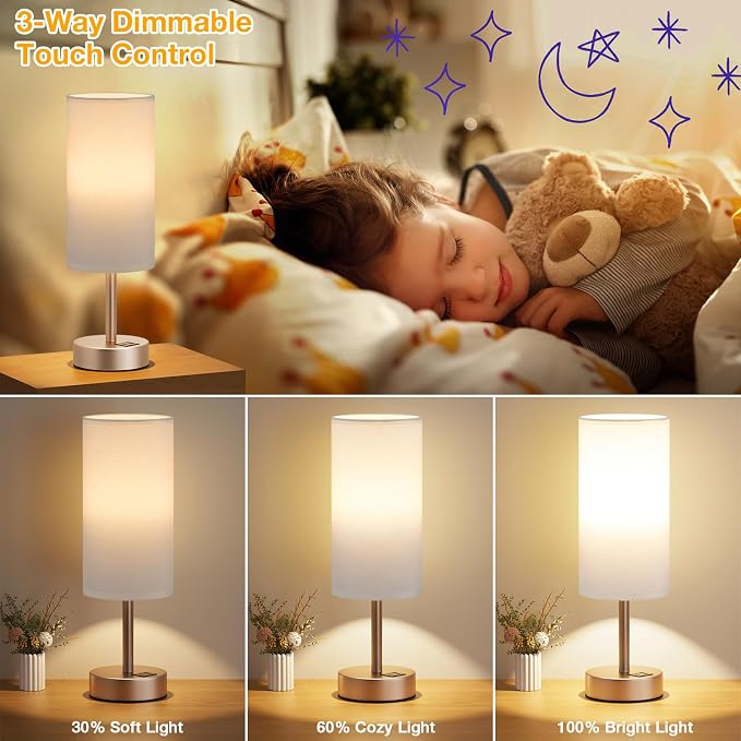 Dicoool Bedside Table Lamp for Bedroom - 3-Way Dimmable Touch Lamp, USB A+C | LED Bulb Included, 14" Small Nightstand Lamp for Desk, Living Room, Dorm, White Fabric Lampshade, Antique White Metal Base