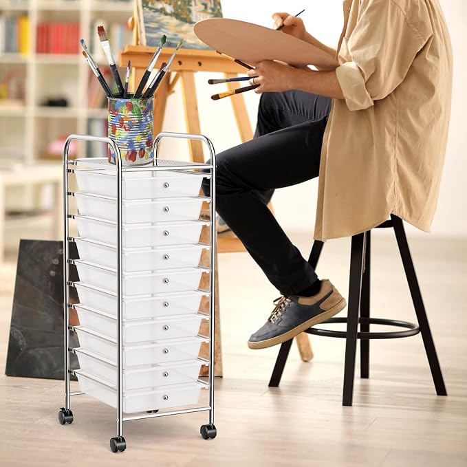 COSTWAY 10-Drawer Rolling Storage Cart, Utility Mobile Trolley | Removable Drawers & Universal Casters & 2 Brakes, Versatile Flexible Drawer Organizer Cart for Home, Office (Clear)