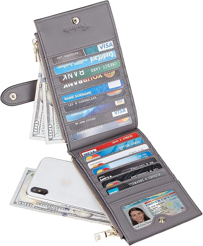 Travelambo Womens Leather Bifold Wallet, Slim RFID Blocking Card Holder | Large Capacity, 16 Card Slots & ID Window, 2 Zipper Pockets, Dual Snap Closure, Slim Lightweight, RFID Privacy Protection