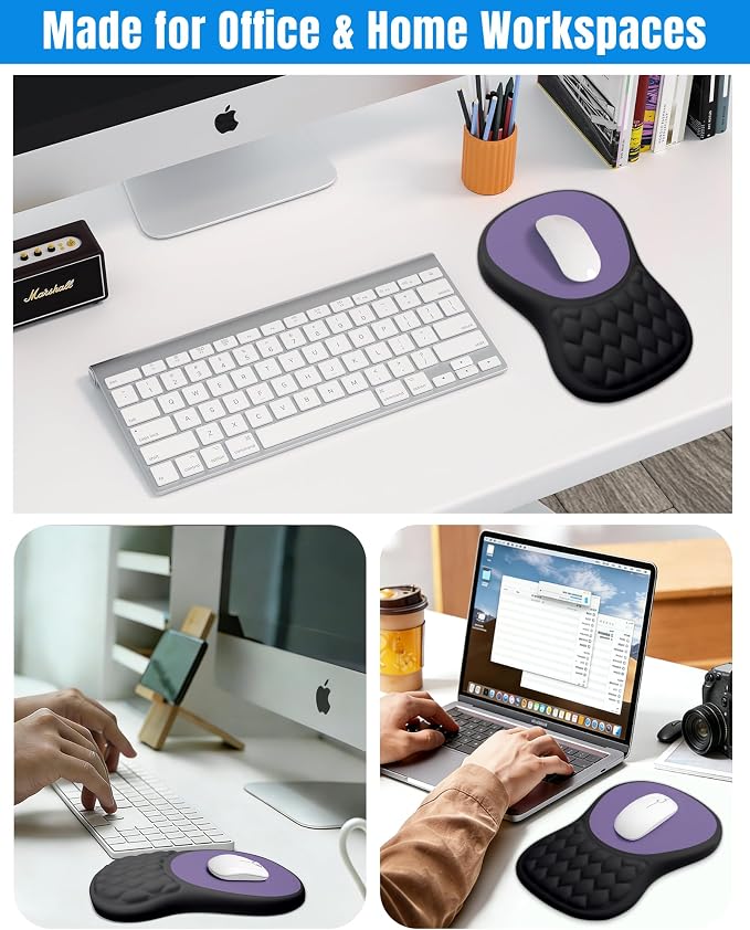 Ergonomic Mouse Pad with Sloped Memory Foam Wrist Rest, Black&Purple | 3D Textured Wrist Cushion, Smooth Lycra Surface, Non-Slip PU Base, Comfortable Support for Office/Home Computer Desks