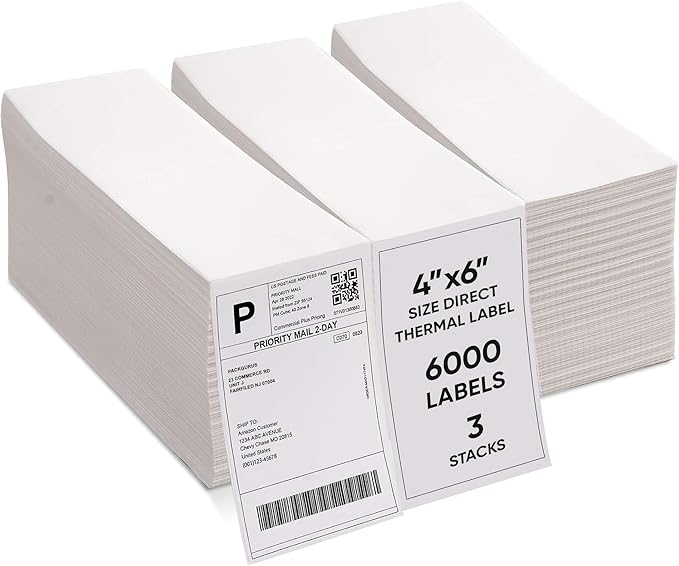 PackGurus 4"x6" Fanfold Direct Thermal Labels Commercial Shipping Label with Perforated line for Thermal Printers, Compatible with Zebra & Rollo Printer (3 Stacks - 6000 Labels)