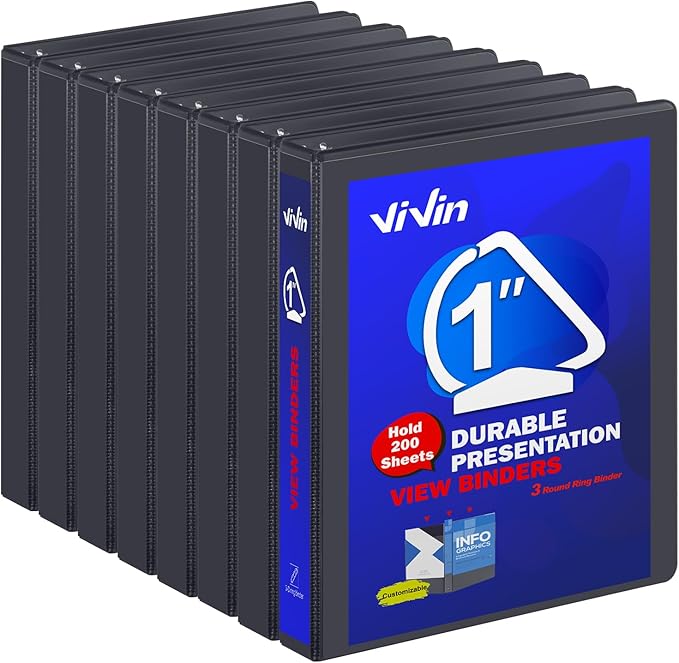 3 Ring Binder 1 Inch, ViVin Sturdy 1"-Slant D Ring Binder with 2 Interior Pockets, Clear View Cover, PVC-Free, Fits 225 Sheets of US Letter Size Paper (8 Pack, Black)