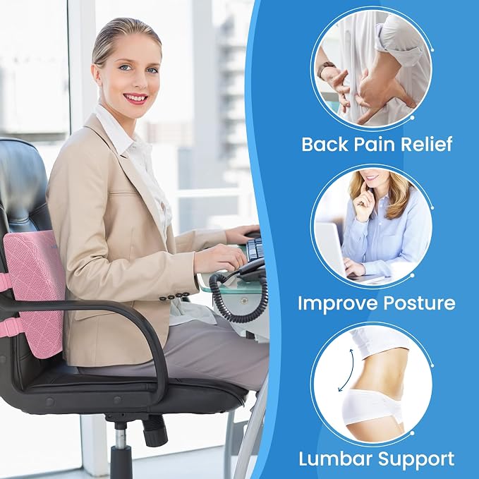 Lumbar Support Pillow for Office Chair, Back Support, Memory Foam, Pink | Improve Sitting Posture & Back Pain Relief. Lumbar Pillow Fits Office, Gaming & Car Chairs with Adjustable Dual Straps