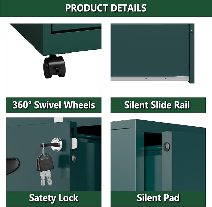 Polup 2 Drawer Rolling File Cabinet with Lock for Home Office | Metal Mobile Filing Cabinet on Wheels, Small Under Desk Storage, Fits Hanging Letter Size, Printer Stand, Green
