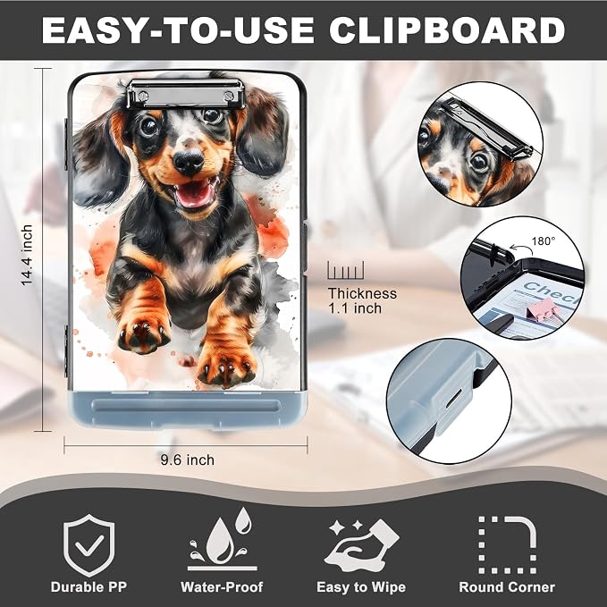 Clipboard with Storage,Storage Clipboard with Pen Holder,Heavy Duty Plastic Storage Clipboard with Low Profile Clip,Teacher Must Haves,Clipboard Folder,Office Supplies,Cute Dog -1363
