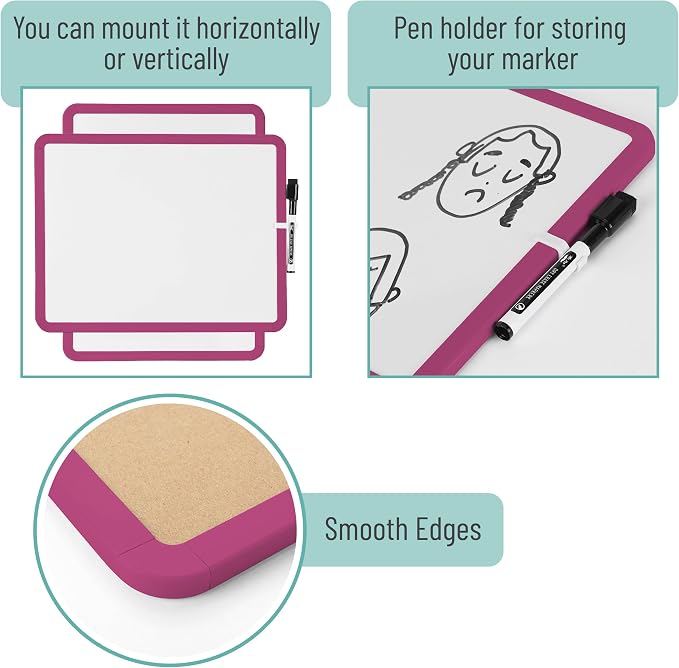 Mr. Pen- Dry Erase Board, 14” x 11” with a Black Dry Erase Marker | Magenta Frame, Small Mini White Board for Students, Fridge, Wall, Locker, Includes Double Sided Tapes