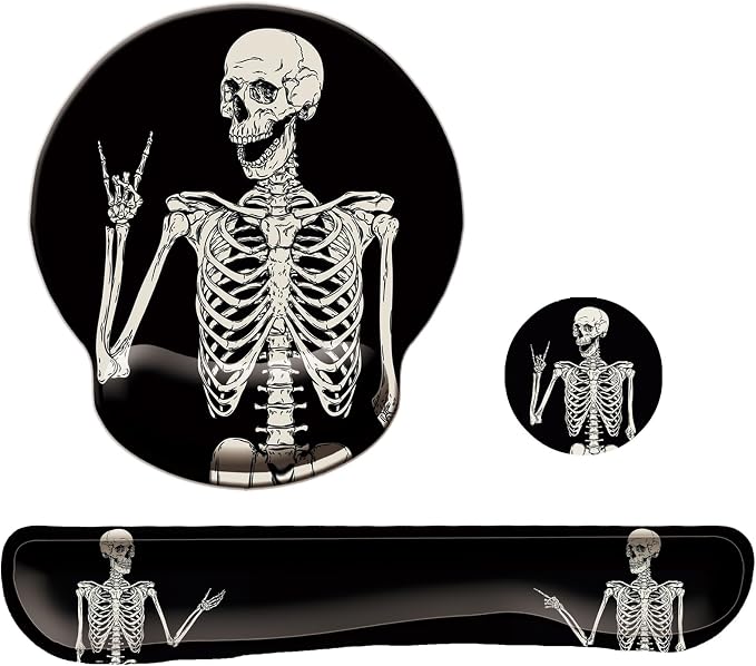 Keyboard Wrist Rest Pad Mouse Pad with Wrist Support Set of 3, Mousepad with Non-Slip Rubber Base, Ergonomic Memory Foam Mouse Wrist Cushion Support for Home Office Laptop Computer, Human Skeleton
