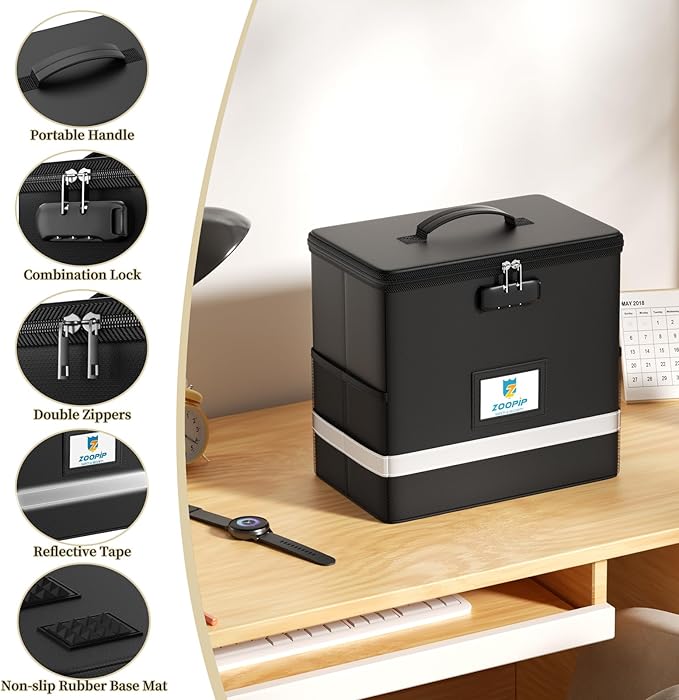 Fireproof File Box with Lock, Collapsible Document Organizer, Black | Suitable for Hanging Folders in Letter Size, Reflective Strip for Fast Find, Home Office Safe Protection,12.2"x6"x10.2"
