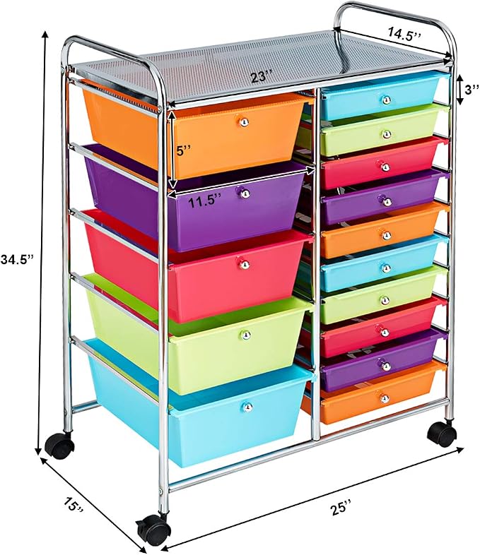 RELAX4LIFE 15 Drawer Rolling Storage Cart, Mobile Drawer Carts for Craft Art Supply Paper Salon, Utility Cart on Wheels for Classroom Teacher School Office, Rolling Cart with Drawers (Multi-Color)
