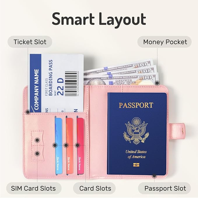 Forvencer Passport Holder Cover with Money Pocket, RFID Passport Wallet | Premium Passport Cover, Cute Passport Book Card Case, Waterproof Travel Accessories for Women, Rose Gold