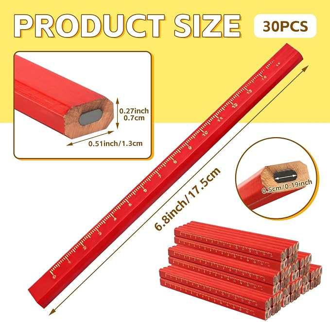 30 Pcs Carpenter Pencils - Octagonal Hard Black Woodworking Pencils, Heavy Duty Construction with 15cm Scale for Wood, Brick, Concrete Marking