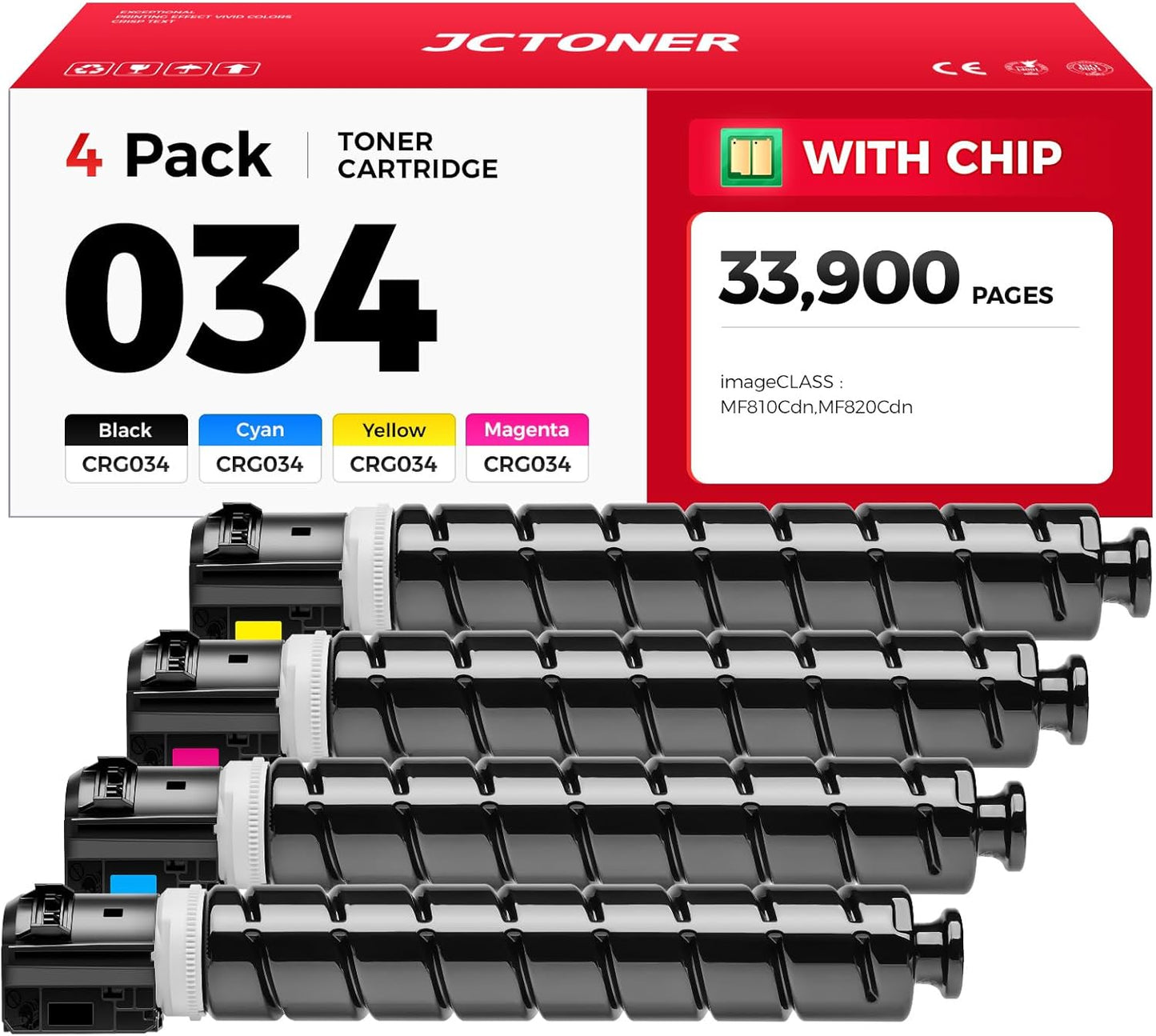 034 CRG034 Toner Cartridge Set 4-Pack High Yield Replacement for Canon 034 CRG-034 9454B001 9453B001 9452B001 9451B001 Toner Cartridge Compatible with Canon Color imageCLASS MF810Cdn MF820Cdn Printer