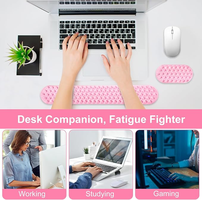 MOSISO Gel Wrist Rest Support for Mouse Pad&Keyboard Set, Pink | Ergonomic Massage Keyboard&Mouse Pad Set, Non-Slip Base Pain Relief&Soft Cooling Gel Computer Easy Typing Pad for Home/Office