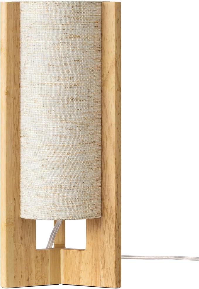 EDISHINE Small Cute Table Lamp, Natural Wood Nightstand Lamp, 13.5", E26 | Cylinder, Beige Linen Shade, On-Off Line Switch, Three-Sided Base, Corner Modern Bedside Lamp for Living Room, Bedroom