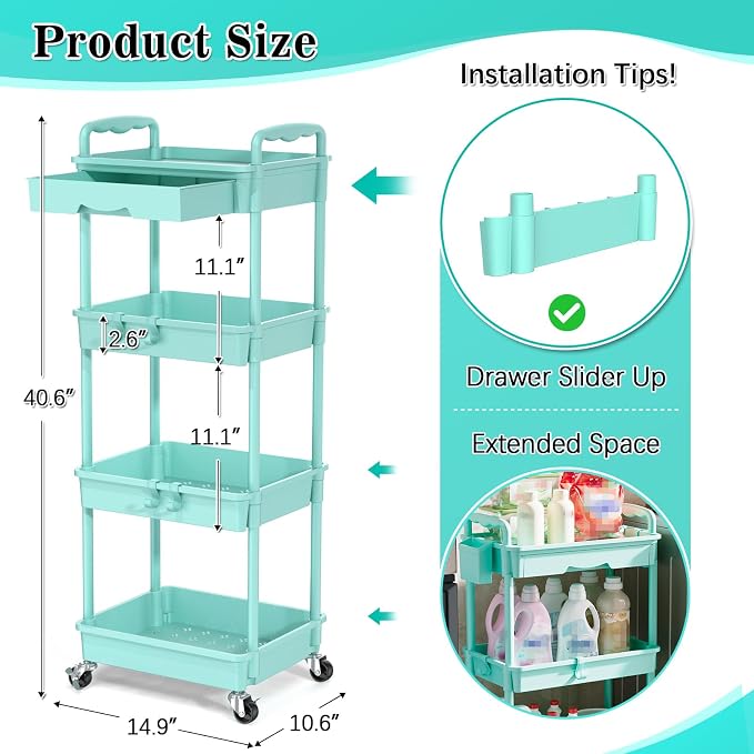 SUNALLY 4 Tier Rolling Cart with Drawer, Craft Storage Cart Organizer, Blue | Bathroom Storage Organizer with 2 Lockable Wheels, Rolling Utility Cart for Kitchen, Office, Baby, Makeup, Nail,Snack,Laundry