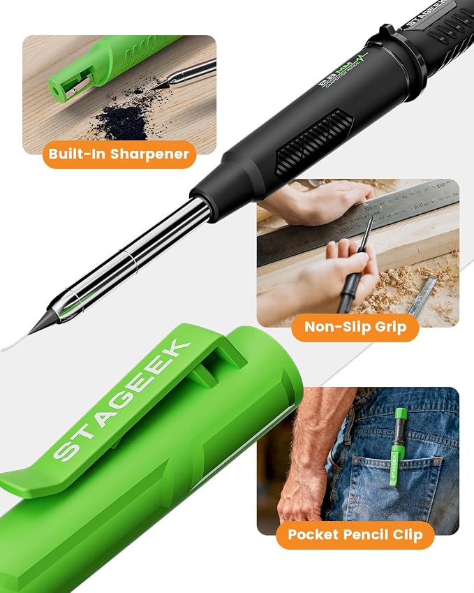 STAGEEK 2.8mm Mechanical Carpenter Pencils with Sharpener, Storage Case | 19 Refills, Construction Pencil Heavy Duty Woodworking Tools, Waterproof Deep Hole Long Nib Marker Pens for Architect Marking