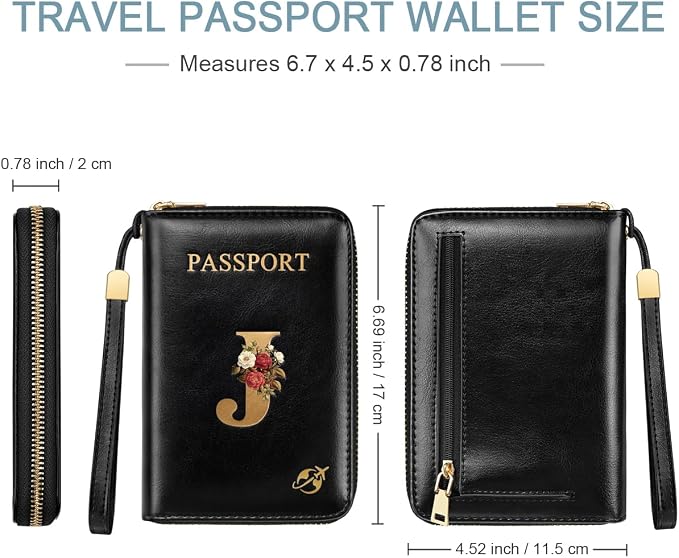 Passport Holder for Travel Personalized Wallet with Wristlet Women | Passport Cover, RFID Blocking, Passport Book Holders, Back Coin Pocket, Zipper Closure, Roses Initial Letter, Black J