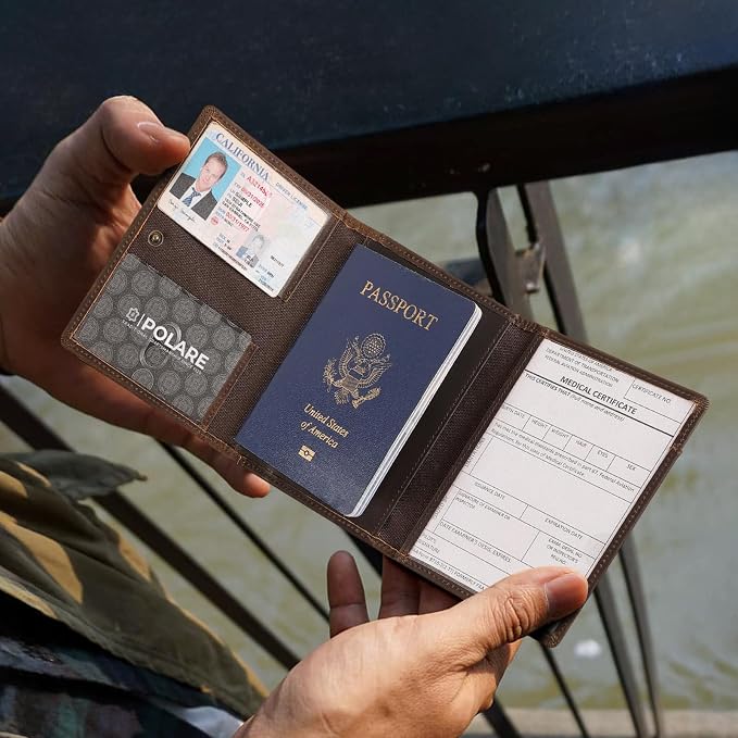Polare Full Grain Leather Pilot Wallet Passport Holder RFID Blocking Tri-fold Travel Cover Document Organizer for Aviation Professionals (Dark Brown with AirTag Slot)