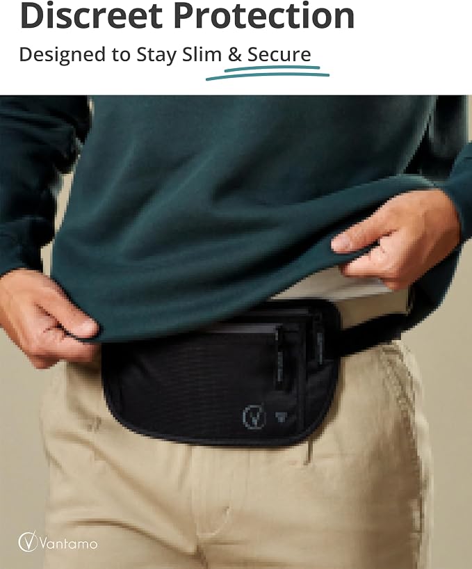 VVantamo Money Belt with RFID For Men & Women, Hidden Passport Holder for Travel, 2 Compartment Travel Fanny Pack for Women Anti Theft