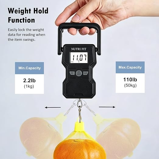 NUTRI FIT Luggage Weight Scale 110lb Hanging Luggage Scale for Suitcase | 0.1lb Precision, Max 110lb, 3.3ft Tape Measure, Backlit Screen, Lock Data, Large Hook, Ergonomic Grip, Portable Fishing Scale