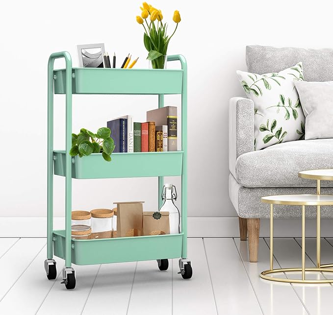 3-Tier Rolling Metal Storage Organizer - Mobile Utility Cart, Kitchen Cart with Caster Wheels (Aqua Green)